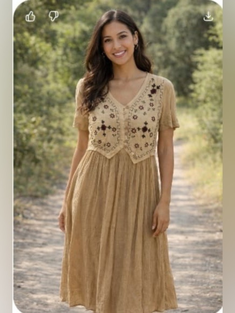 Embroidered V-Neck Maxi Dress in Tan